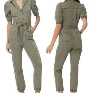 PAIGE Denim "Mayslie" Sage Green Women's Jogger Jumpsuit Short Puff Sleeve Sz 6